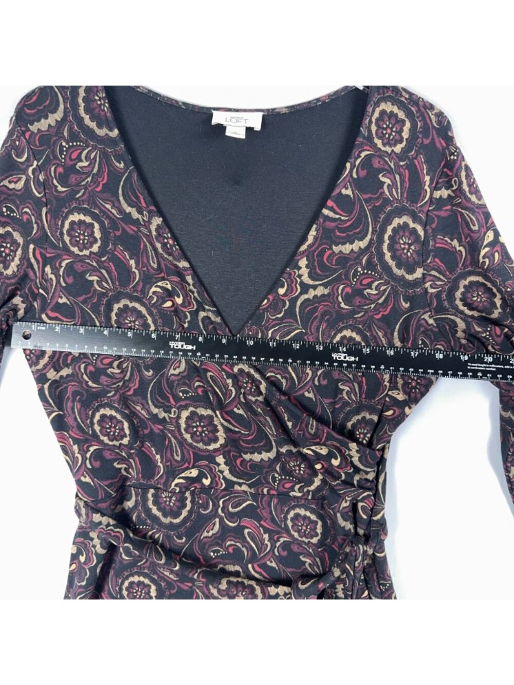 Ann Taylor Loft Wrap Dress Size 8 Floral Print Black Burgundy 3/4 Sleeve Tie Wai - Picture 7 of 11